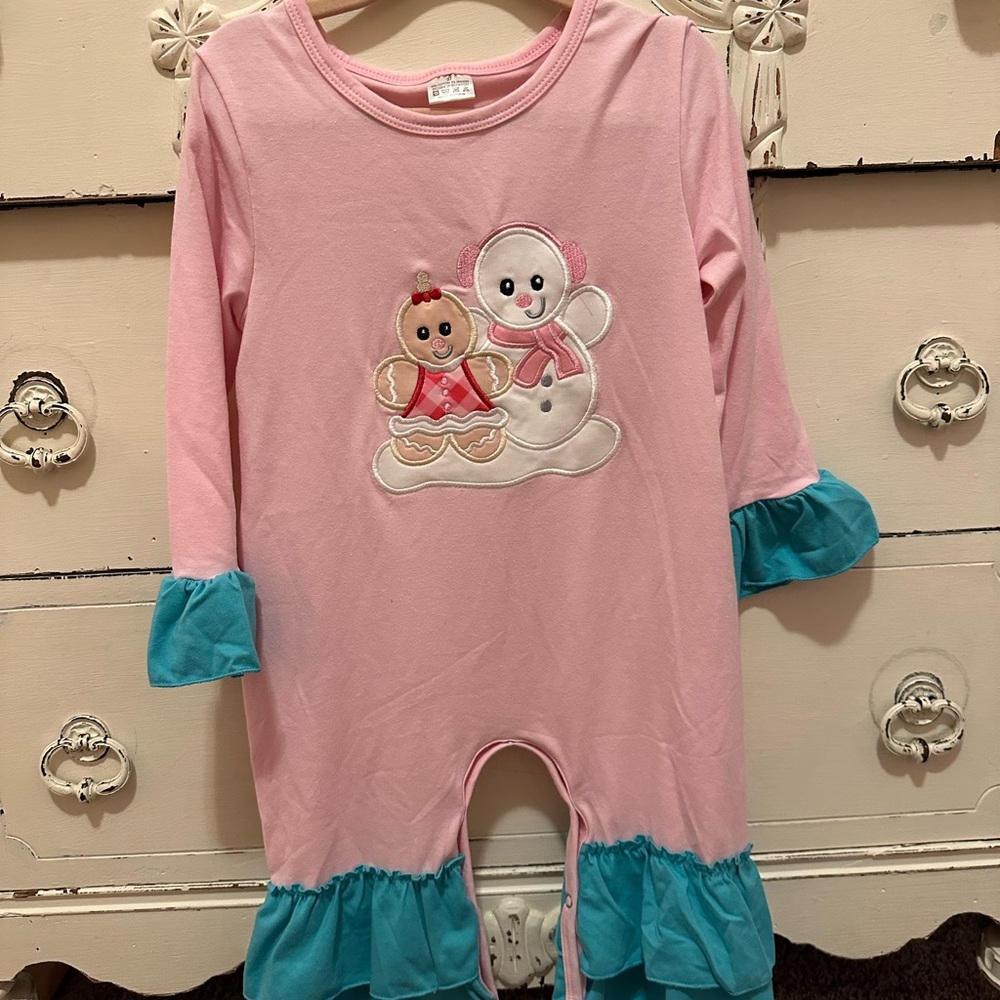 Pink Snowman and Gingerbread Romper
